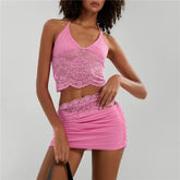 BXOXO Sexy Lace Two Piece Set Women Outfit Halter Neck Backless Crop Top And Bodycon Mini Skirt Female Club Party Dress Sets